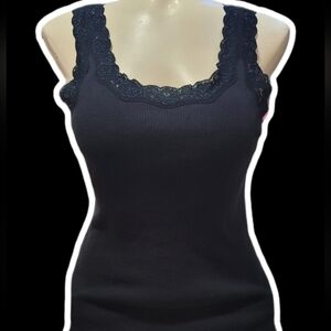 mid 2000s black ribbed lace trim mcbling emo tank top   ִֶָ۶ৎ˖ִ ˚